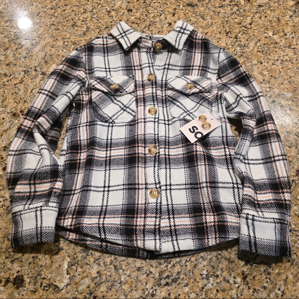 SO Flannel Shacket|KOHLS|Button Up| Girls Size M (8)| BLACK PLAID| New W Tags